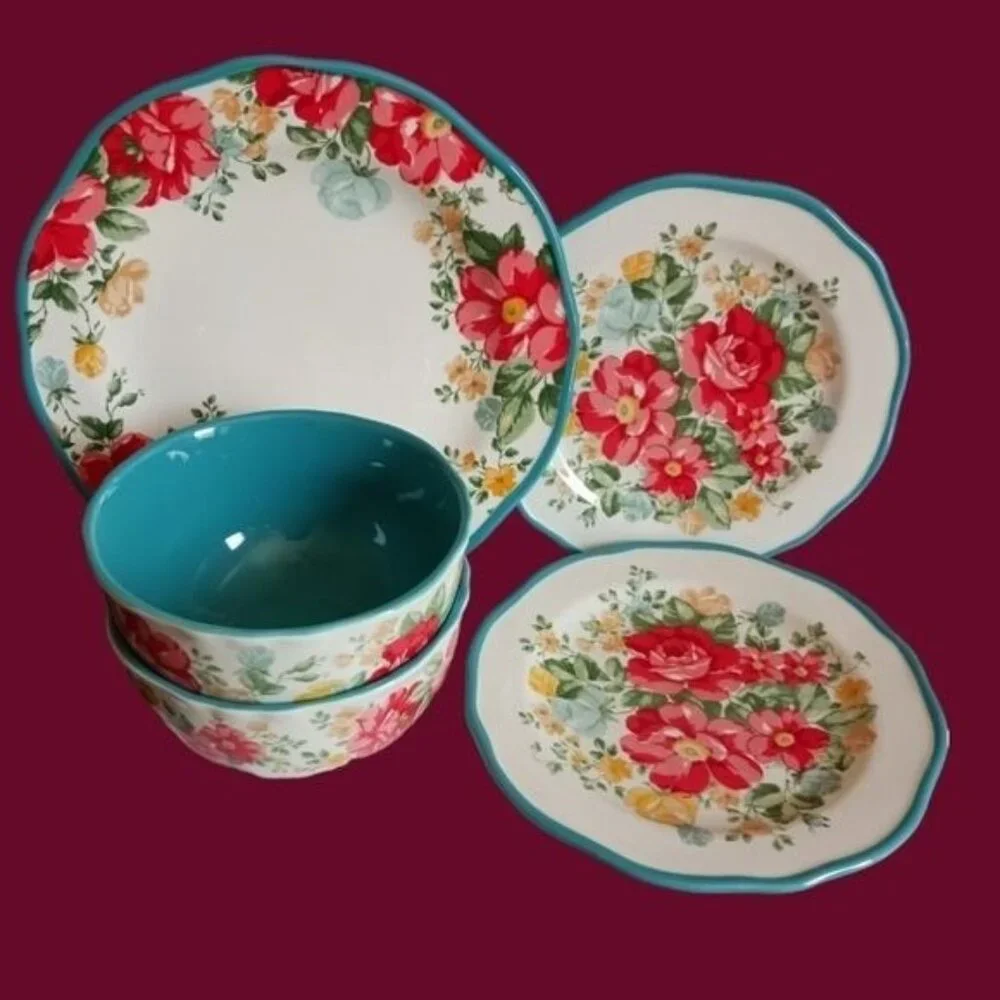 The pioneer woman vtg floral 5 pcs dinner plate set wht/pink/ turquoise colors - Picture 6 of 9